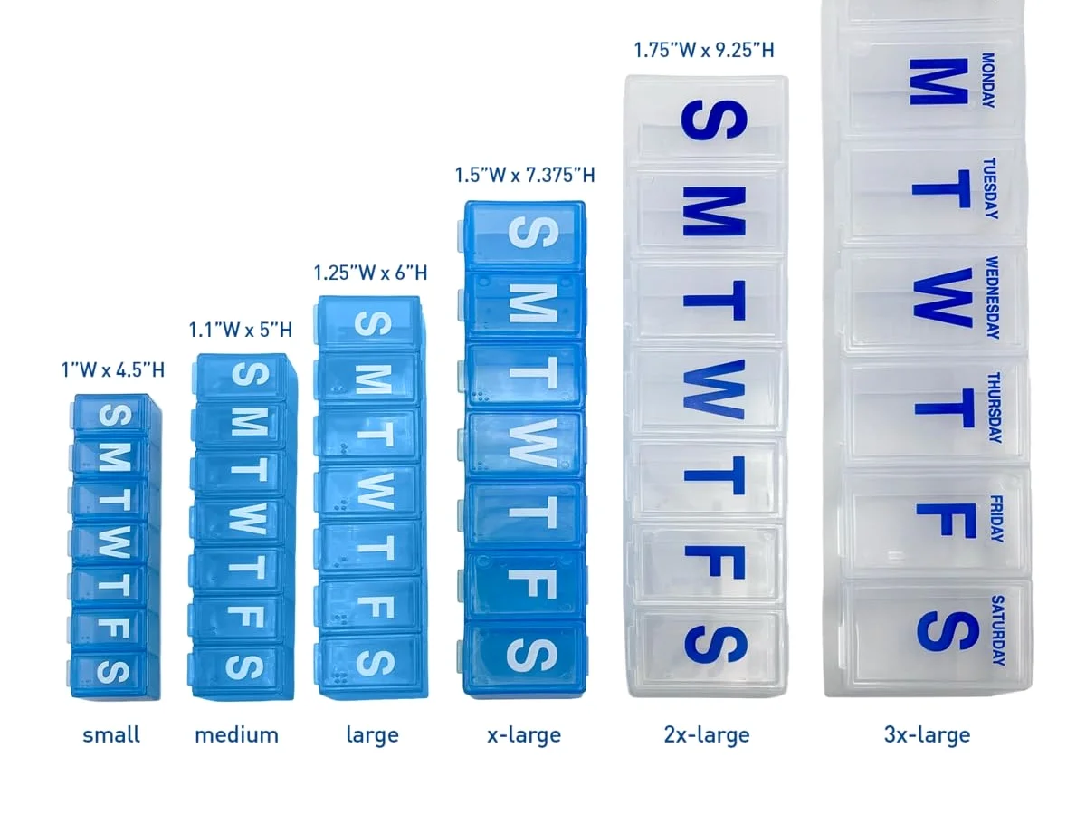 Ezy Dose weekly pill organizers in several sizes side by side on a counter