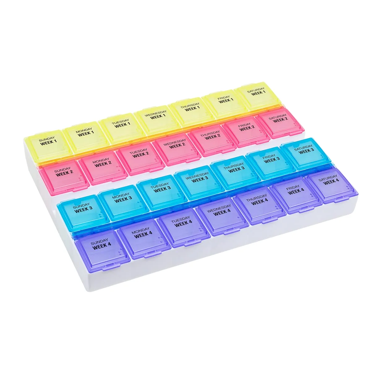 An Ezy Dose Medtime four-times-a-day tray, filled