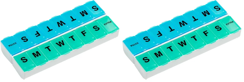 Ezy Dose Weekly 14-Day Pill Organizer, snap lid, Large, Blue and Green