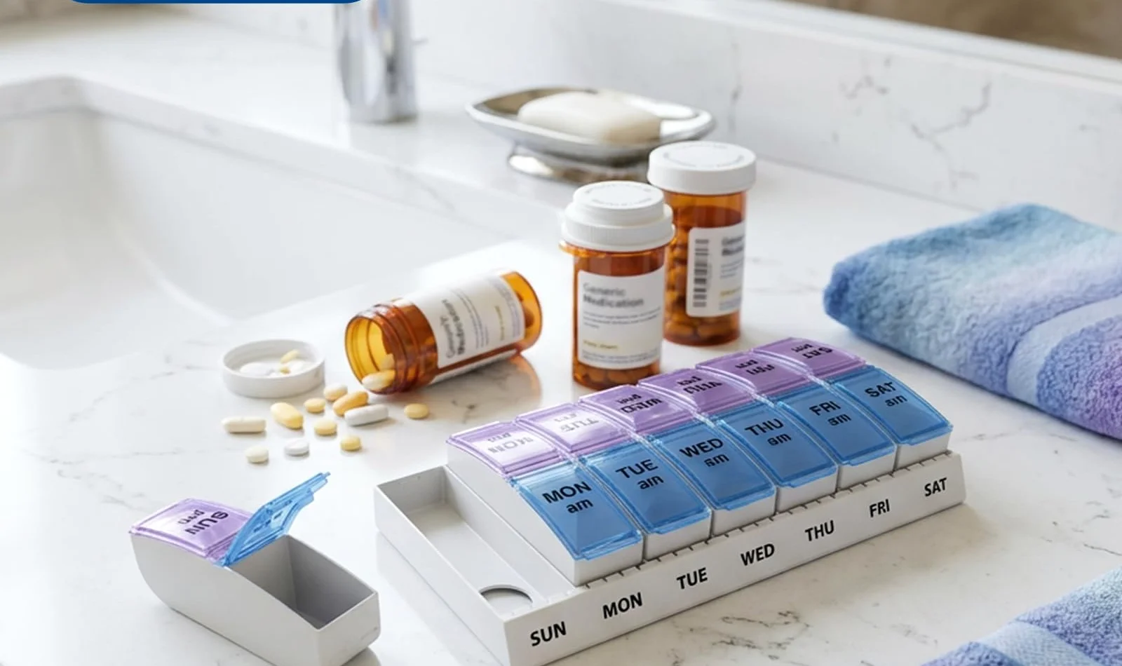 A weekly organizer being filled from prescription bottles on a kitchen counter